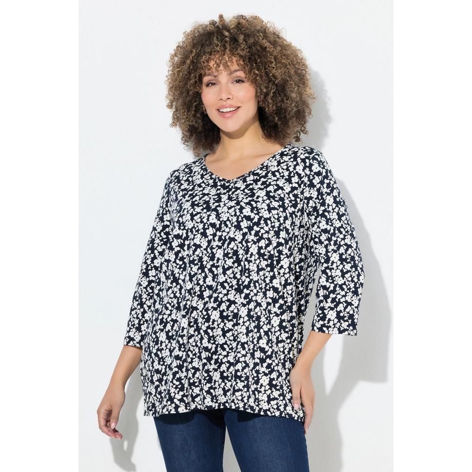 Ulla Popken A-Linie V-Ausschnitt T-Shirt mit Zierfalten und 3/4-Ärmeln  