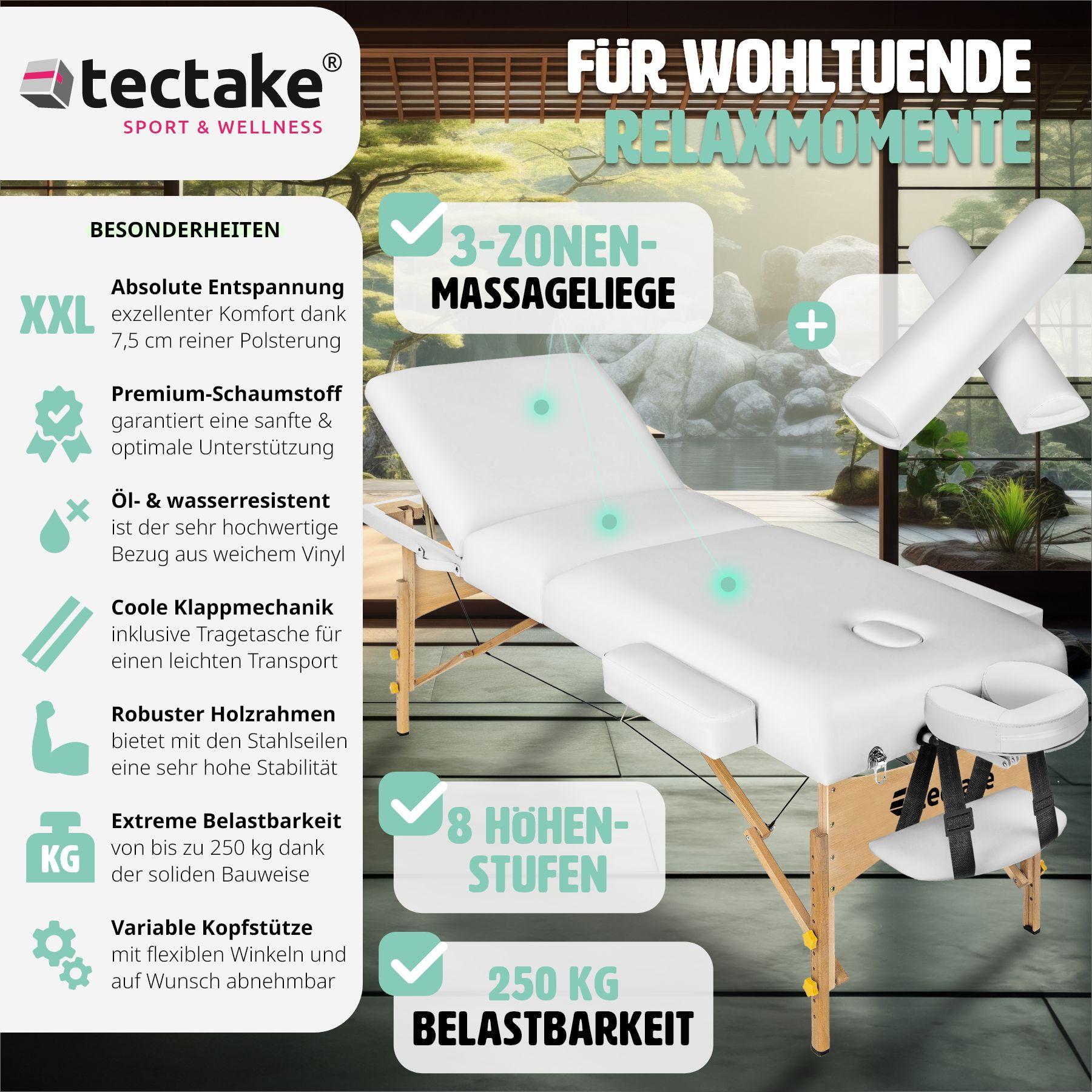 Tectake Ensemble de table de massage à 3 zones Somwang avec rembourrage de 7,5 cm d’épaisseur, rouleaux et cadre en bois  