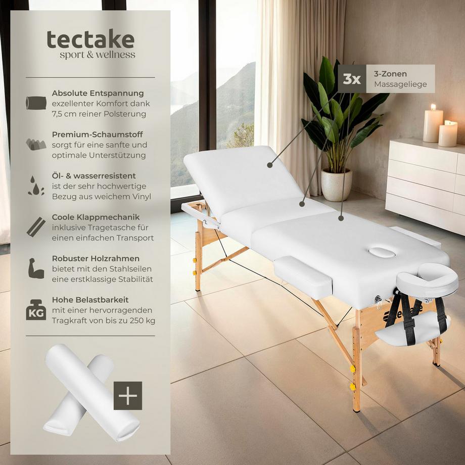 Tectake 3 Zonen Massageliege-Set Somwang mit 7,5cm Polsterung, Rollen und Holzgestell  