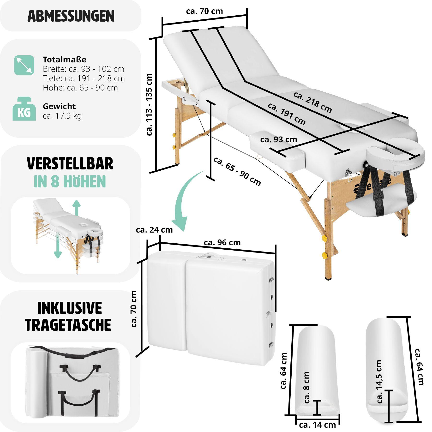 Tectake Set lettino da massaggio a 3 zone Somwang con imbottitura di 7,5cm, rulli e telaio in legno  