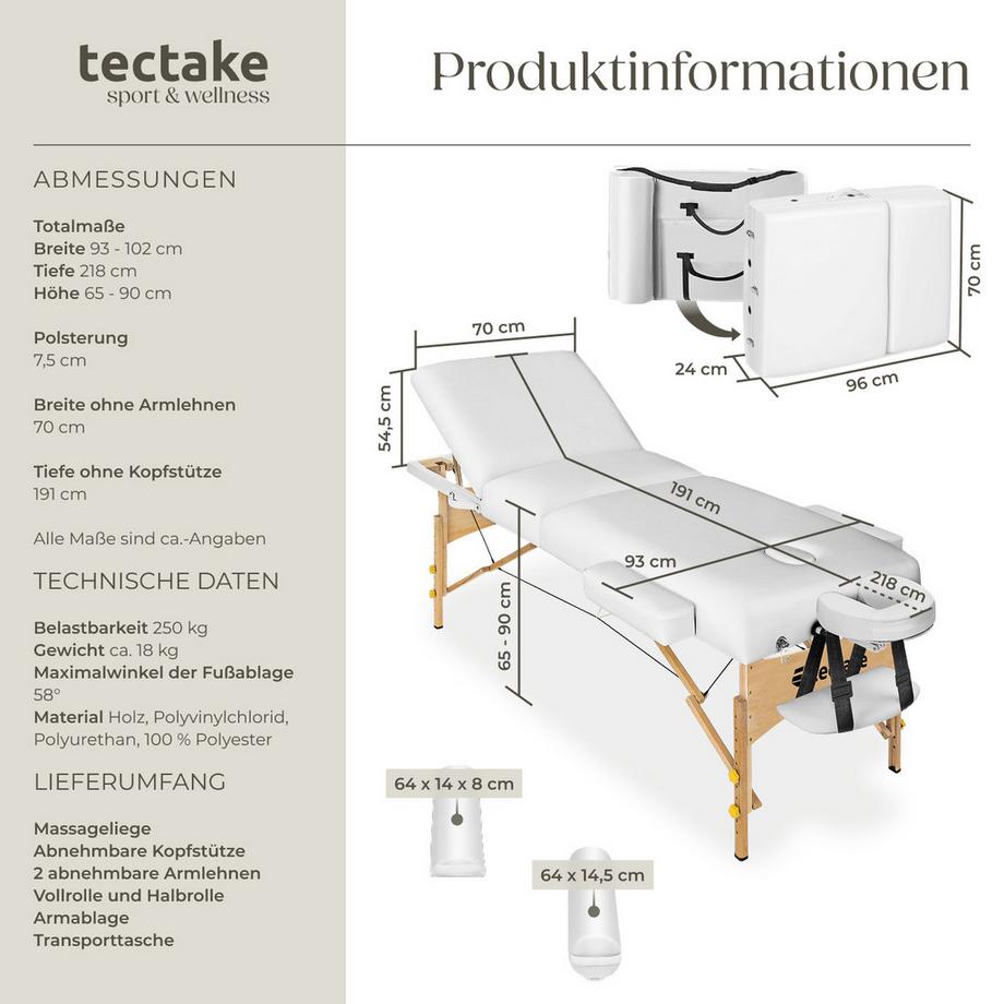 Tectake 3 Zonen Massageliege-Set Somwang mit 7,5cm Polsterung, Rollen und Holzgestell  