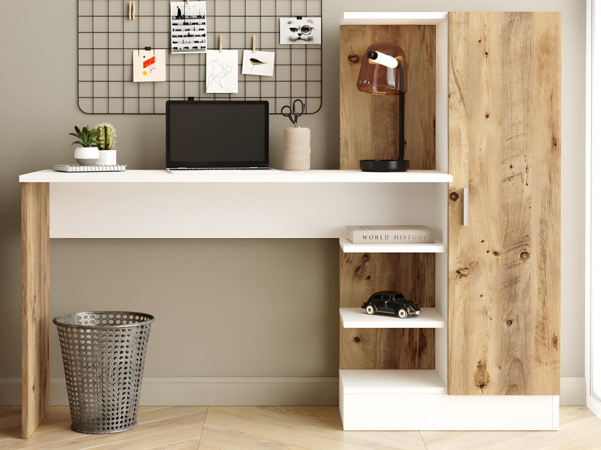 Vente-unique Bureau avec armoire de rangements - Coloris : Naturel et blanc - MILARIA  