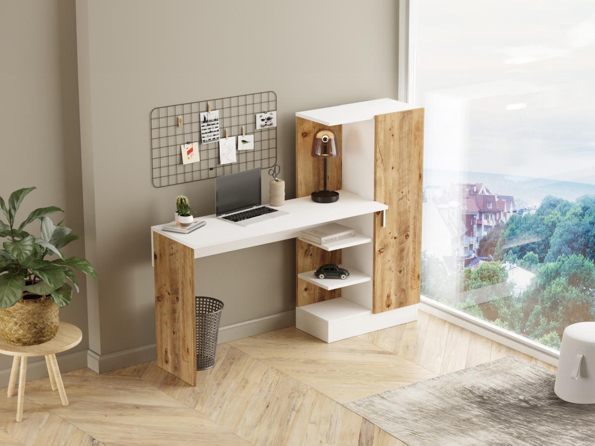 Vente-unique Bureau avec armoire de rangements - Coloris : Naturel et blanc - MILARIA  