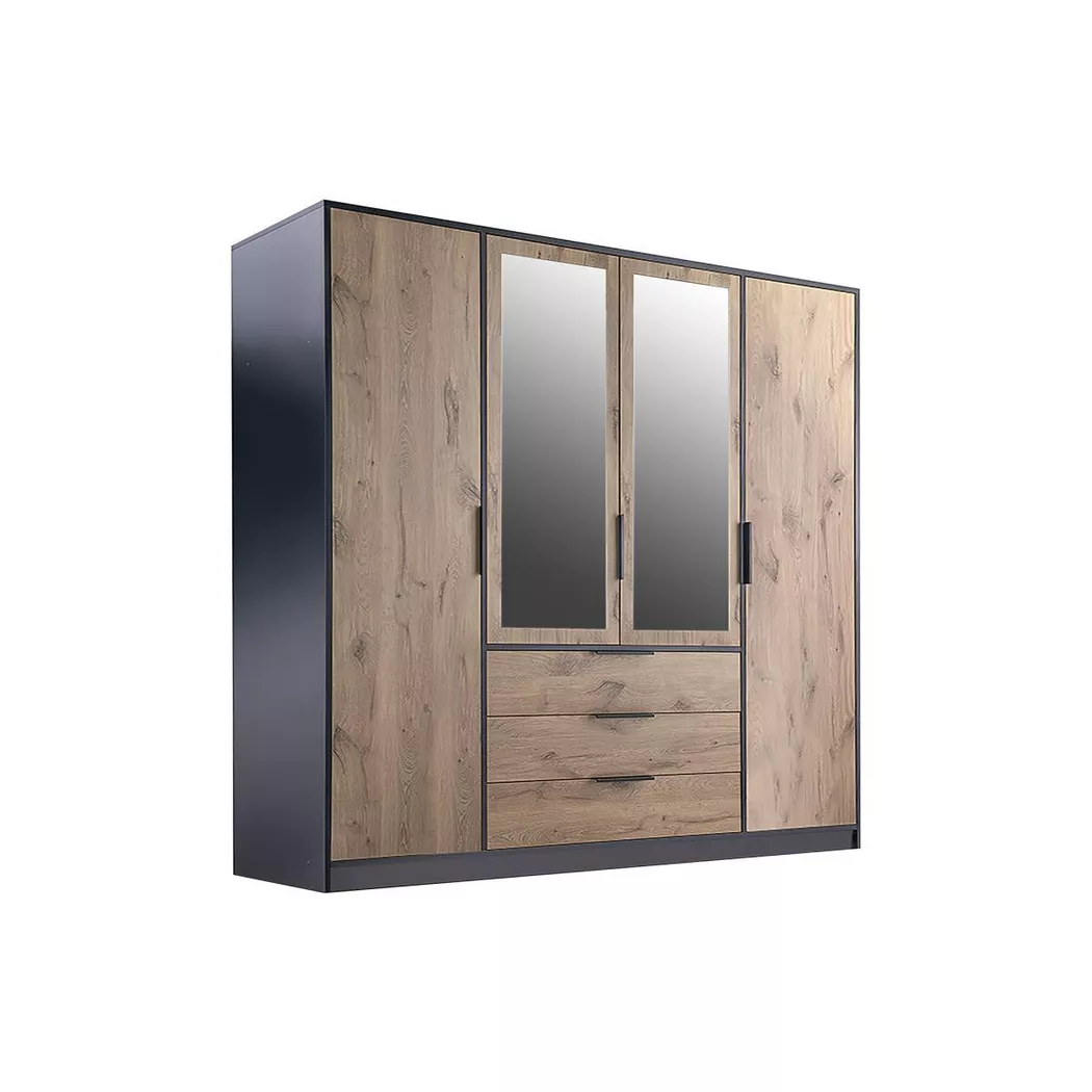Vente-unique - Armoire 4 portes et 3 tiroirs - Avec miroirs - L196 cm - Coloris : Naturel et noir - lamiki