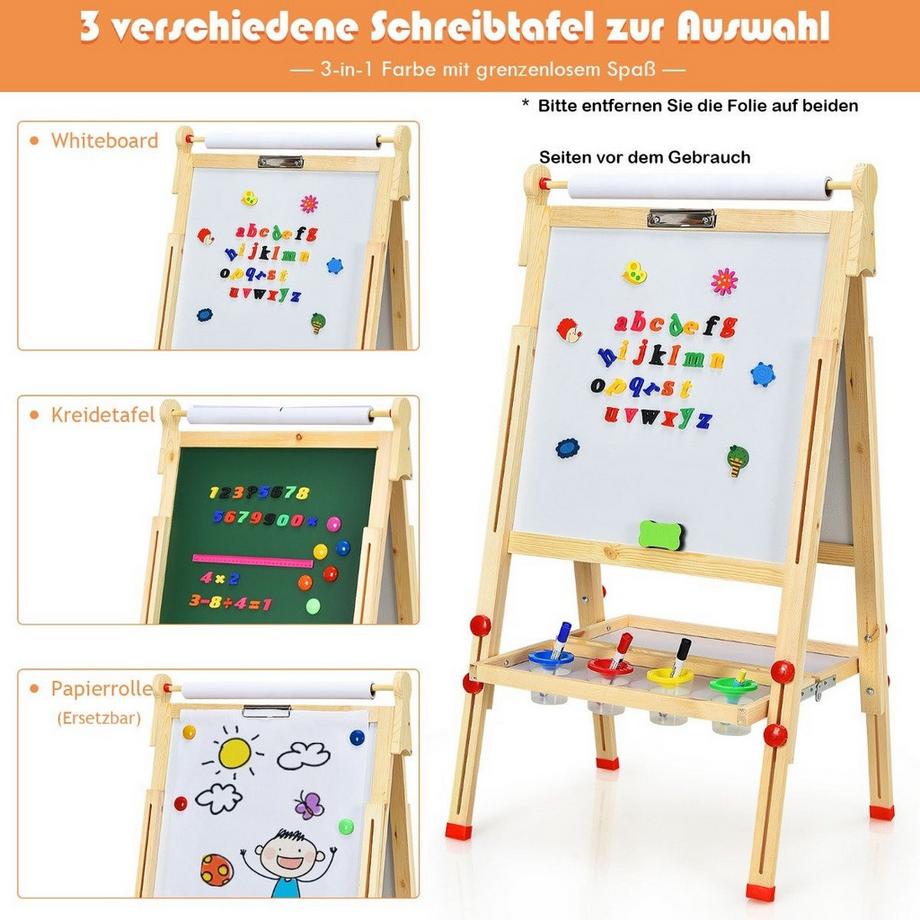 Northix  3 in 1 Kinder Doppelseitige Staffelei aus Holz mit Whiteboard & Kreidetafel & Zeichenpapier 