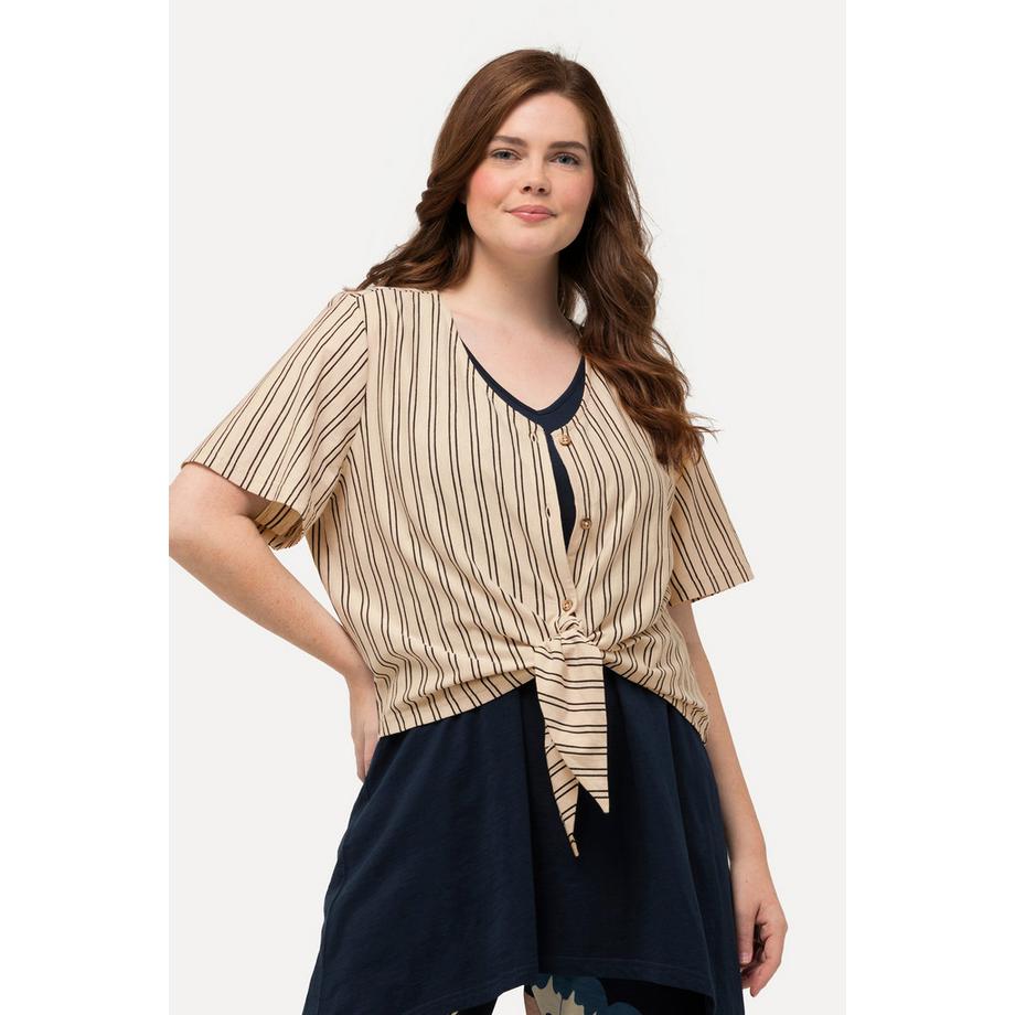 Ulla Popken T-shirt a righe scollo a V mezze maniche  