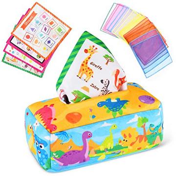 Boîte à mouchoirs pour bébé,Jouet sensoriel pour bébé,Boîte à mouchoirs avec 4 papiers froissés et 15 foulards en soie colorés