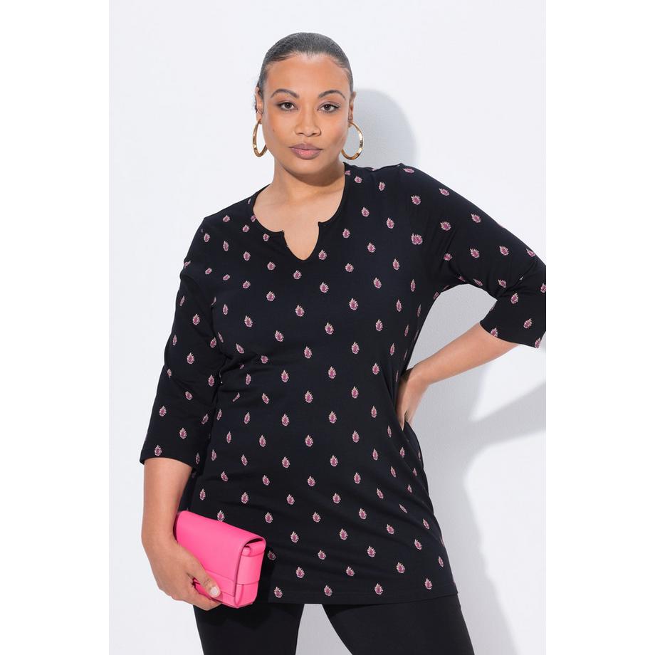 Ulla Popken T-shirt long Coupe évasée Col tunisien Manches 3/4  