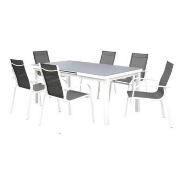 Salle à manger de jardin en aluminium grise et blanche : 6 fauteuils et une table extensible - LINOSA de MYLIA