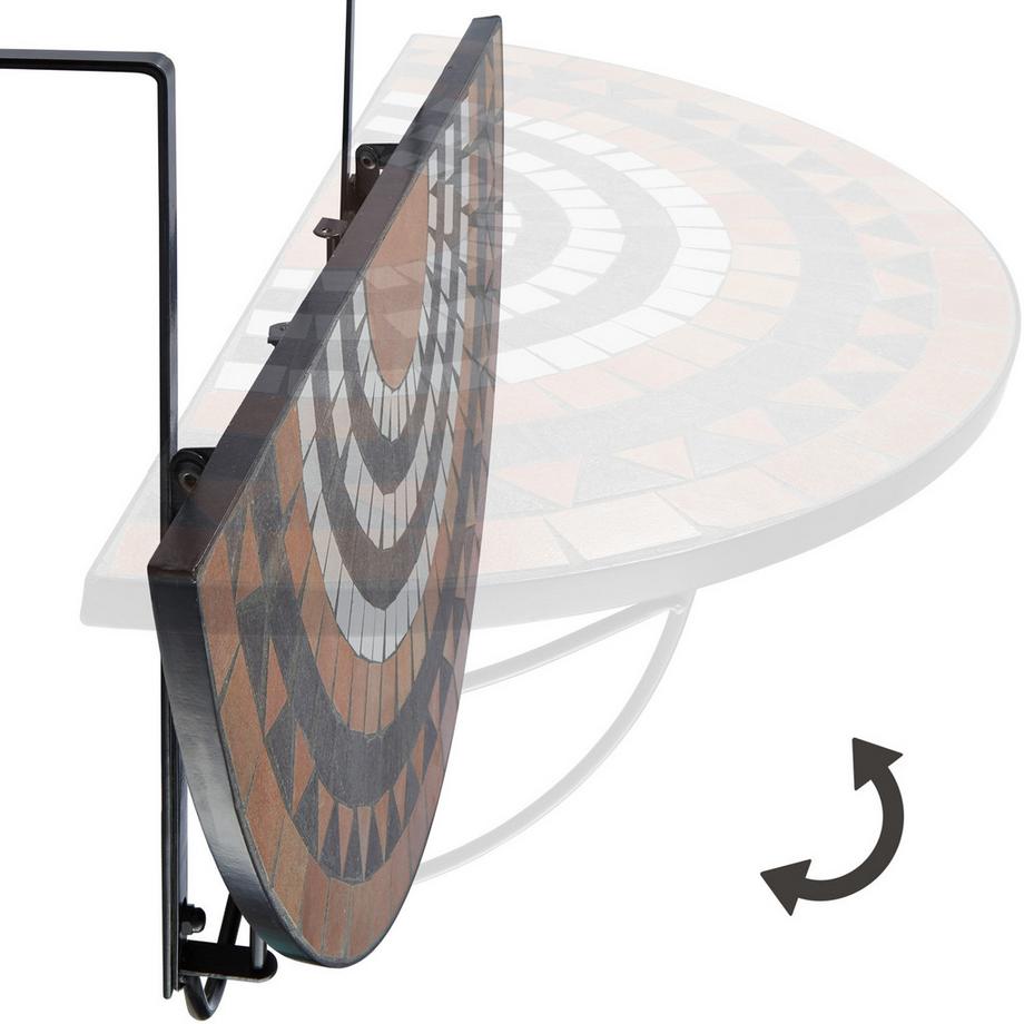 Tectake Balkontisch  Stahl, Mosaik und Zement halbkreisförmig, klappbar  