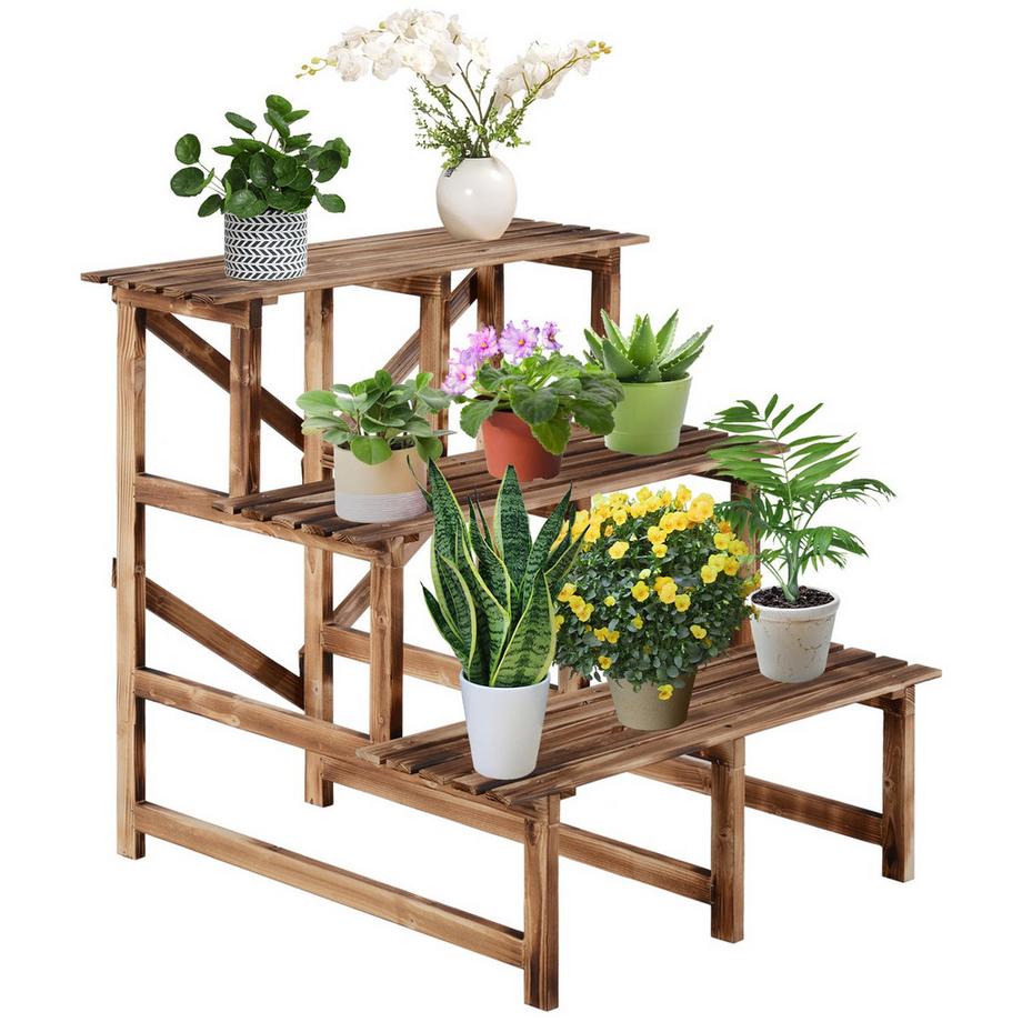 Étagère à fleurs pour escaliers à plantes 3 marches en bois de sapin 80 x 80 x 78 cm pour balcon et terrasse de jardin