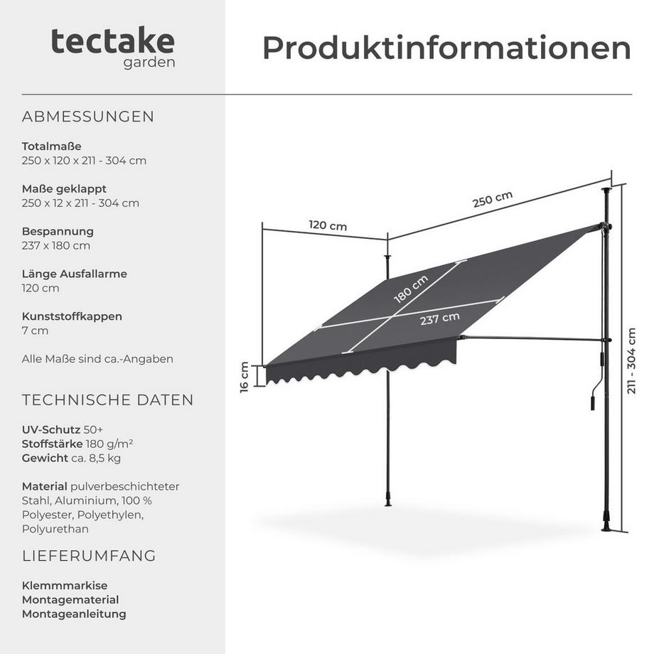 Tectake Klemmmarkise  mit Handkurbel UV-beständig  