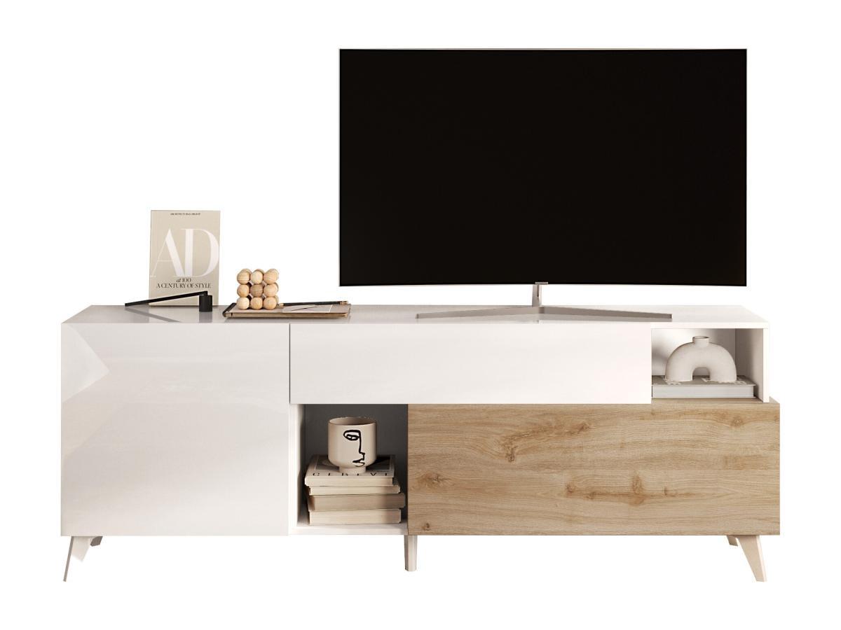 Vente-unique TV-Möbel mit 2 Türen , 1 Schublade & 2 Ablagefächern - 181 cm - Weiß lackiert & Holzfarben - DONALA  