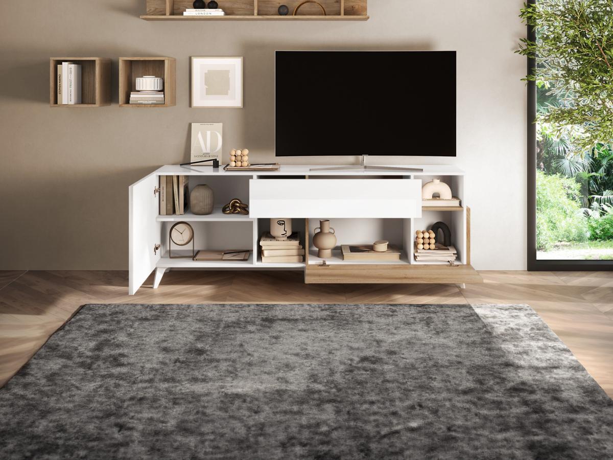 Vente-unique TV-Möbel mit 2 Türen , 1 Schublade & 2 Ablagefächern - 181 cm - Weiß lackiert & Holzfarben - DONALA  