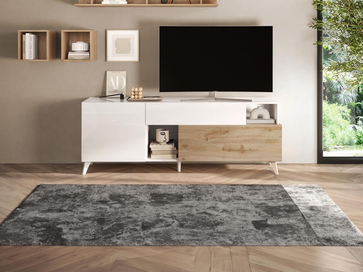 Vente-unique TV-Möbel mit 2 Türen , 1 Schublade & 2 Ablagefächern - 181 cm - Weiß lackiert & Holzfarben - DONALA  