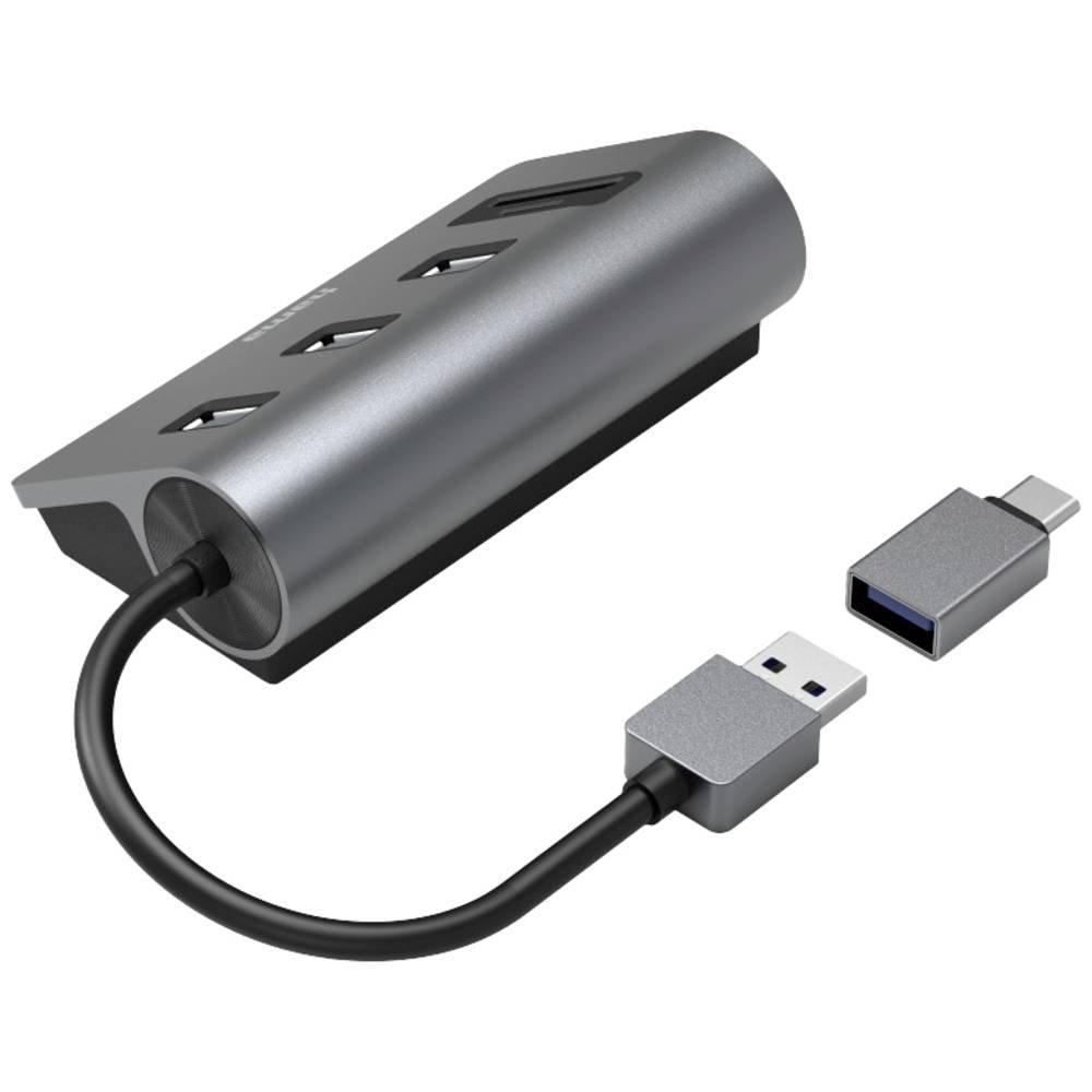 hama  Hub USB lecteur de cartes, 5 ports, 3x USB-A, SD, microSD, avec Adaptateur USB-C 