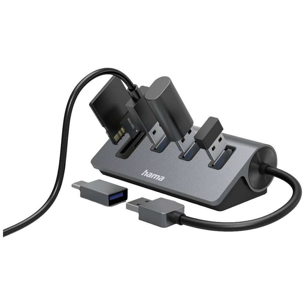 hama  Hub USB lecteur de cartes, 5 ports, 3x USB-A, SD, microSD, avec Adaptateur USB-C 