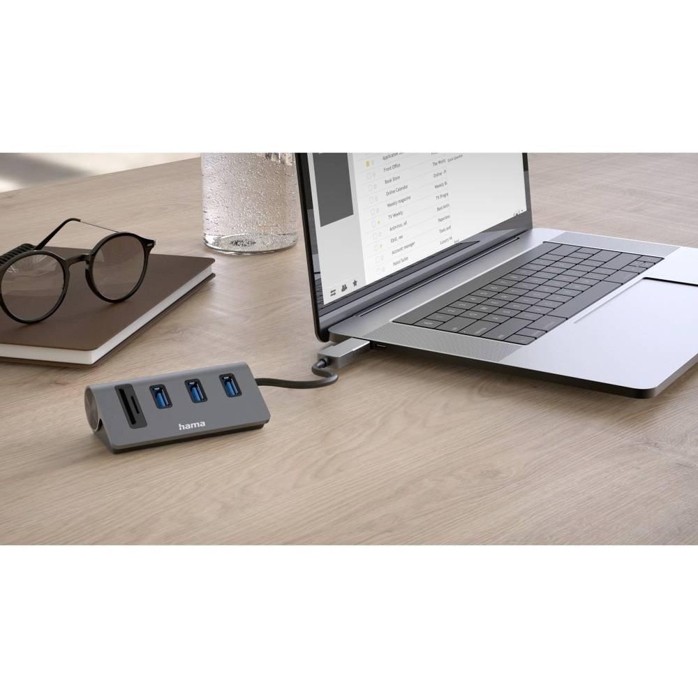 hama  Hub USB lecteur de cartes, 5 ports, 3x USB-A, SD, microSD, avec Adaptateur USB-C 