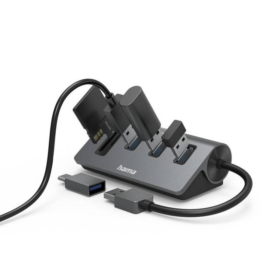 hama  Hub USB lecteur de cartes, 5 ports, 3x USB-A, SD, microSD, avec Adaptateur USB-C 