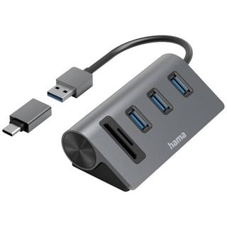 hama  Hub USB lecteur de cartes, 5 ports, 3x USB-A, SD, microSD, avec Adaptateur USB-C 