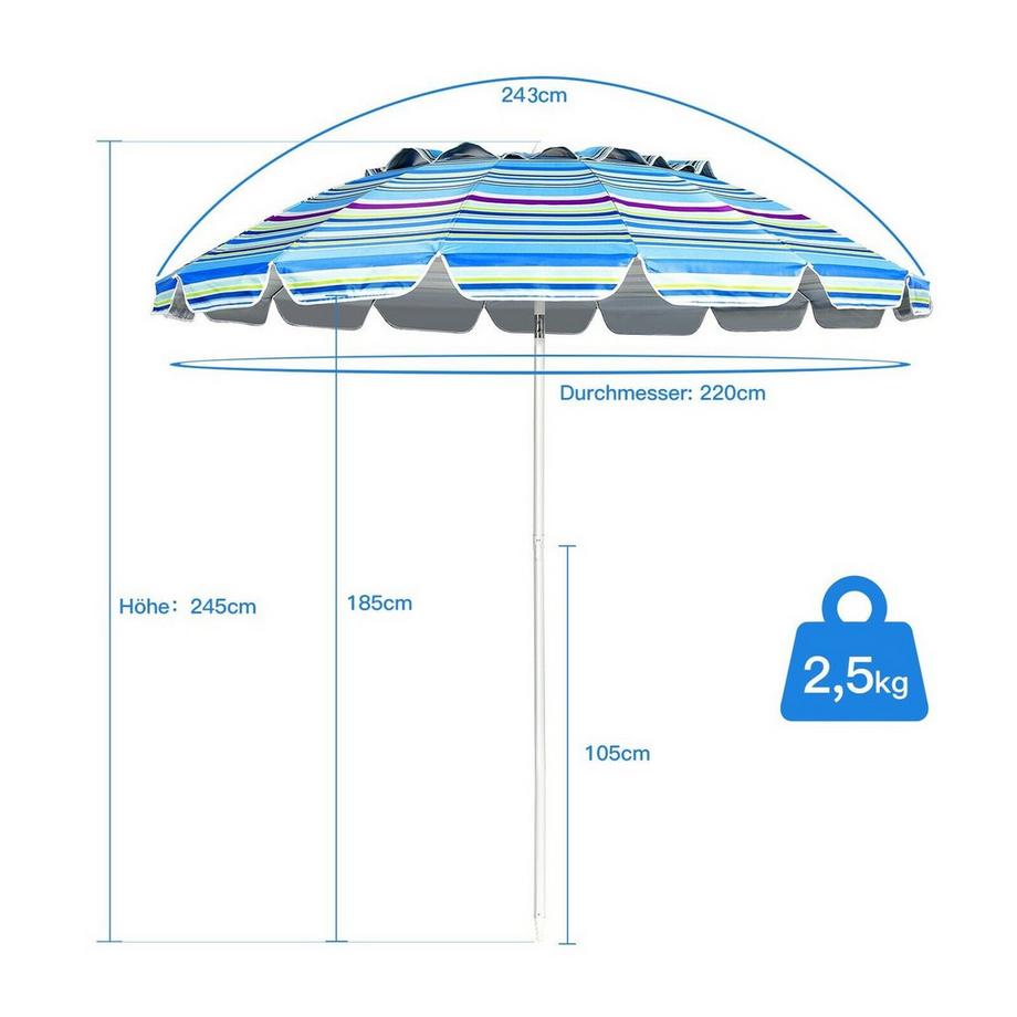 Northix 243cm Strand-Sonnenschirm Outdoor-Sonnenschirm Strandschirm Alu neigbar Terrassenschirm -Hellblau  