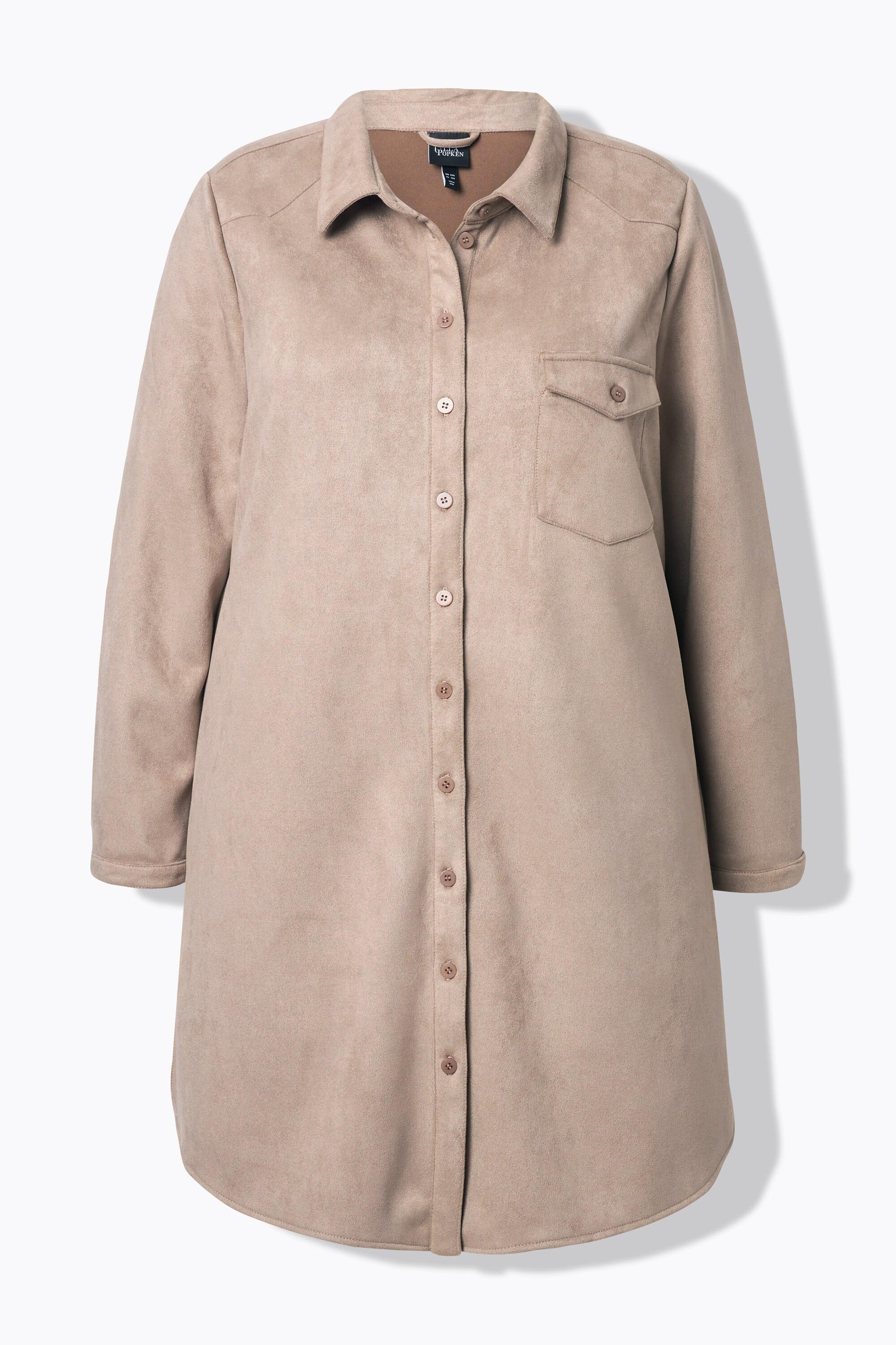 Ulla Popken Giacca lunga scamosciata linea ad A collo a camicia manica lunga  