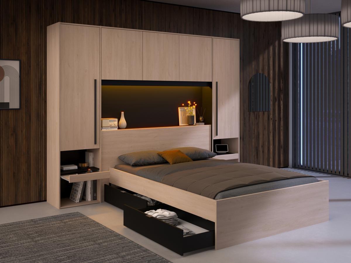 Vente-unique Bett mit Stauraum & LEDs + Lattenrost - 140 x 190 cm - Naturfarben & Schwarz - VELONA  