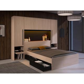 Vente-unique Bett mit Stauraum & LEDs + Lattenrost - 140 x 190 cm - Naturfarben & Schwarz - VELONA  