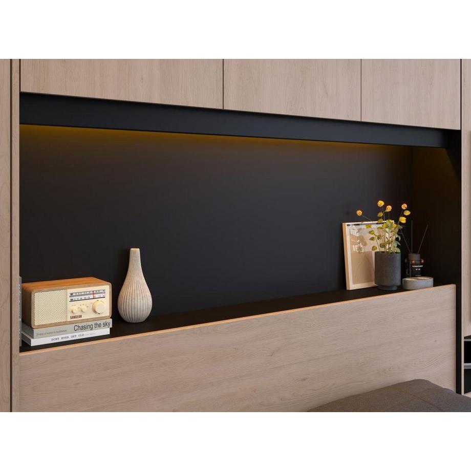 Vente-unique Lit pont 140 x 190 cm avec rangements - Avec LEDs - Coloris : Naturel et noir + Sommier - VELONA  