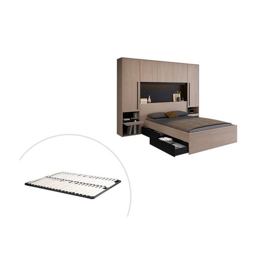 Lit pont 140 x 190 cm avec rangements - Avec LEDs - Coloris : Naturel et noir + Sommier - VELONA