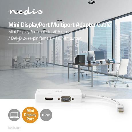 Nedis  Displayport-Adapter | Mini DisplayPort-Stecker | DVI-D 24+1-Pin-Buchse / HDMI™-Buchse / VGA-Buchse 15p | 4K@60Hz | vernickelt | schaltbar | 0,20 m | rund | ABS | ABS | | Kunststoffbeutel 
