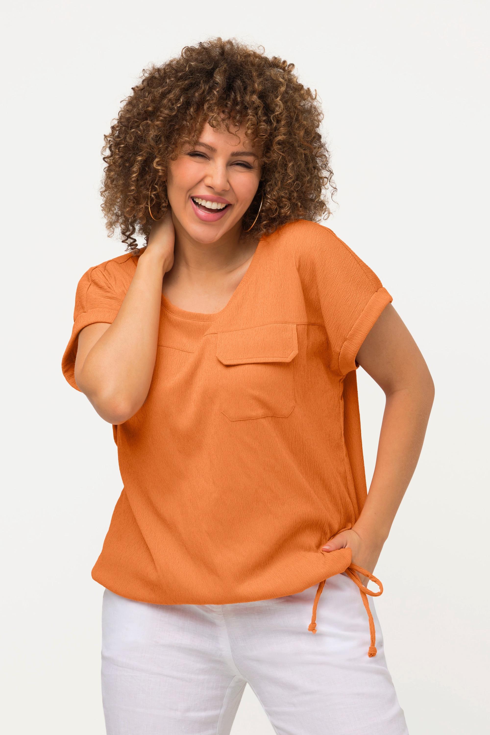 Ulla Popken  T-shirt dal taglio oversize con laccetto nell'orlo, scollo a girocollo e mezze maniche 