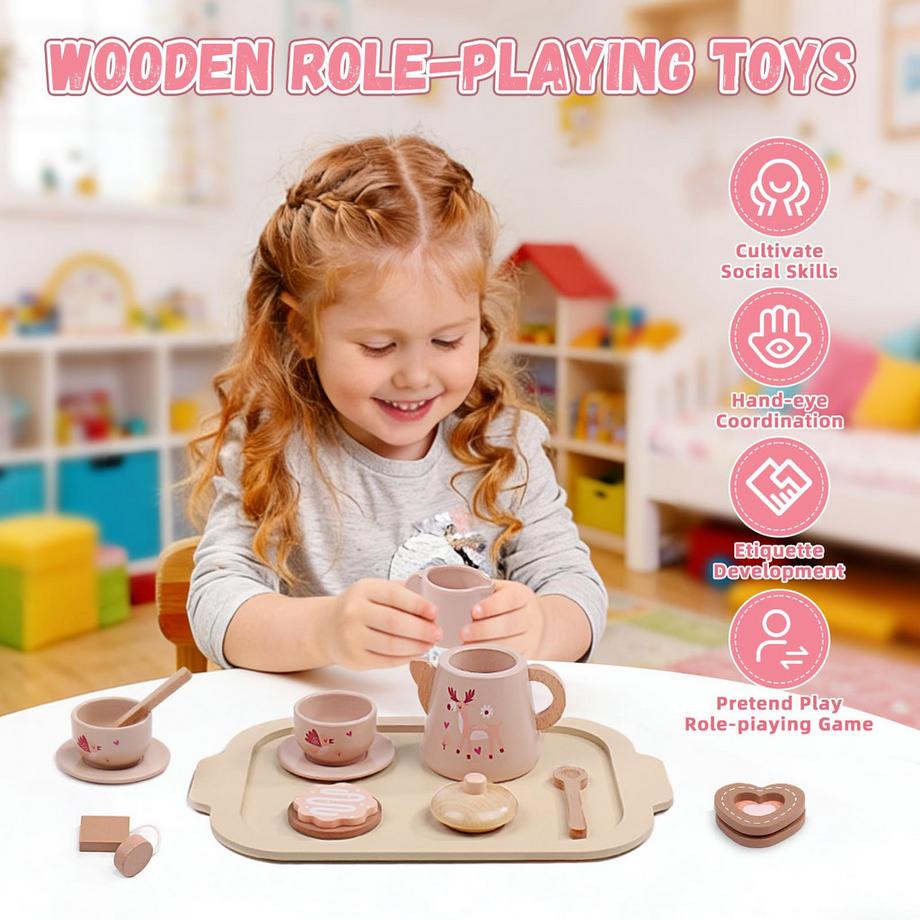 Activity-board  Teeservice aus Holz für Kinder, Puppengeschirr, Küchenzubehör für Kinder für Teepartys und Rollenspiele 