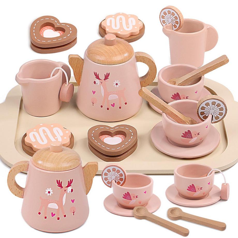 Teeservice aus Holz für Kinder, Puppengeschirr, Küchenzubehör für Kinder für Teepartys und Rollenspiele