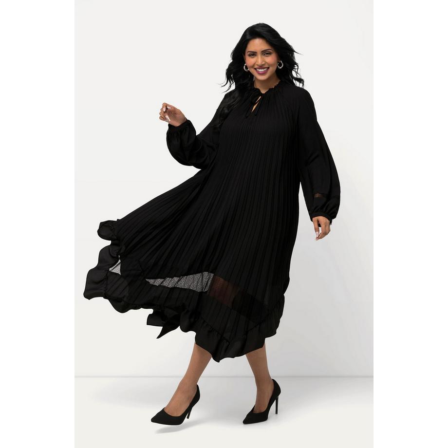 Ulla Popken Robe plissée dentelle A-ligne col à ruchés manches longues  