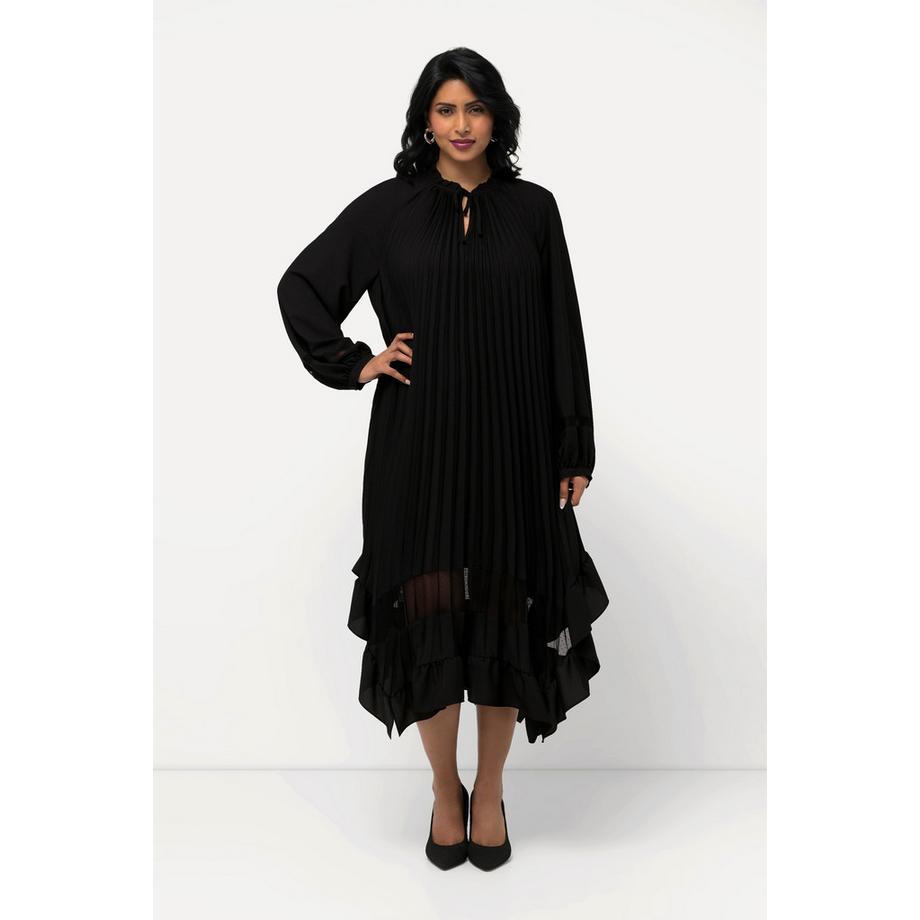 Ulla Popken Robe plissée dentelle A-ligne col à ruchés manches longues  