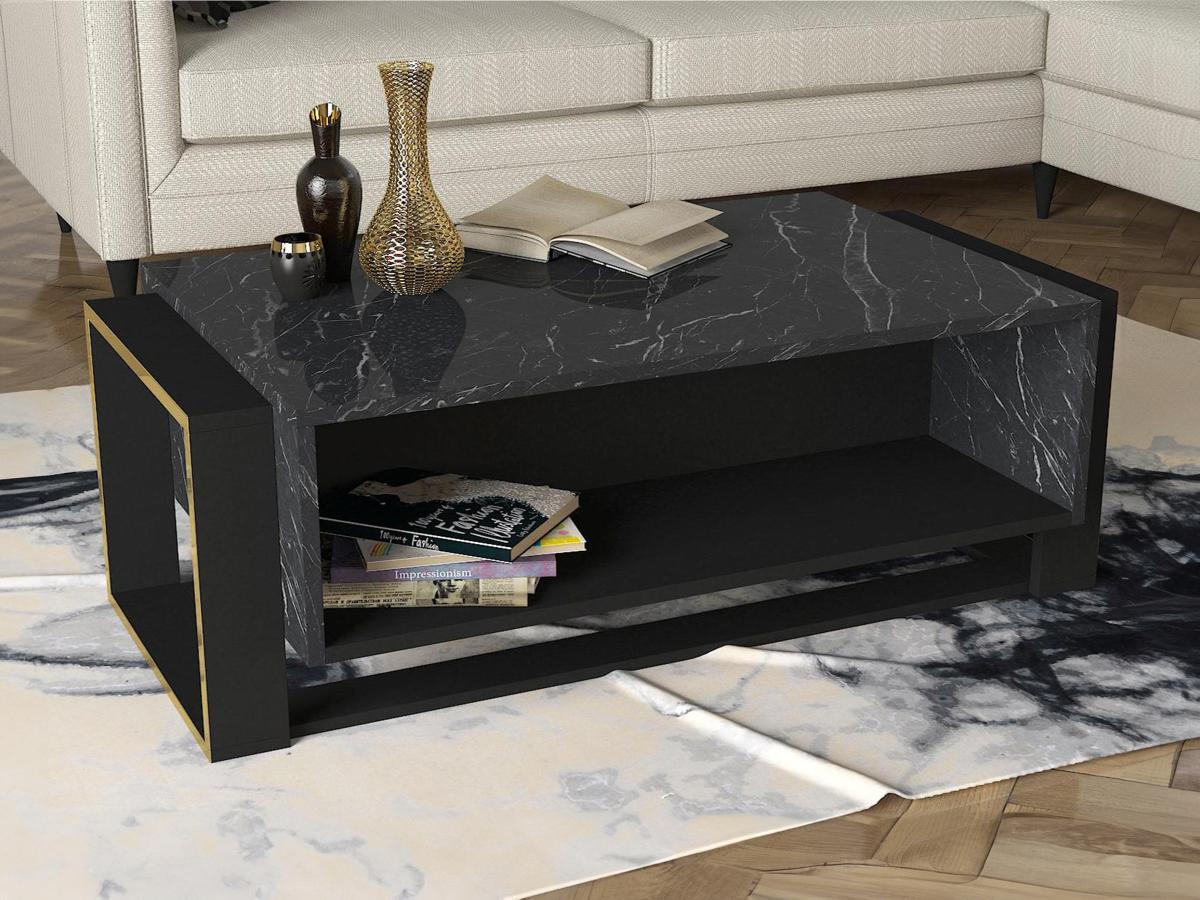 Vente-unique Table basse avec 1 niche - Effet marbre noir et doré - COMEBI  