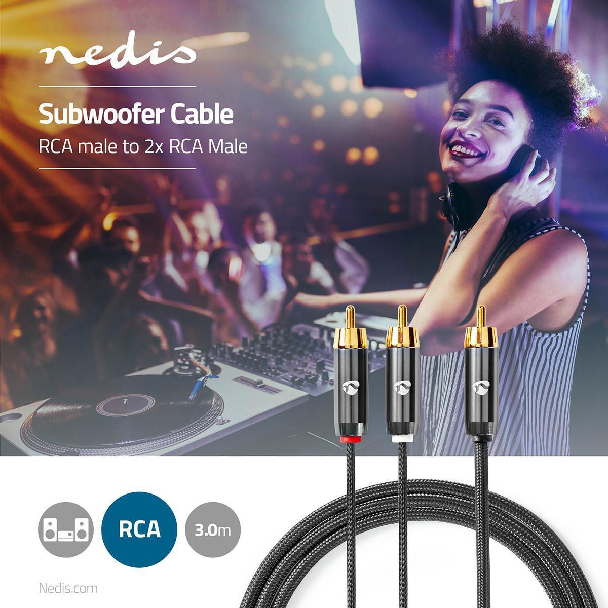 Nedis  Subwoofer-Kabel | Cinch-Stecker | 2x Cinch-Stecker | Vergoldet | 3,00 m | Rund | 4,5 mm | Grau / Grau mit Metall | Karton mit Sichtfenster 