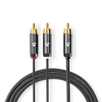 subwoofer Cable | RCA Male | 2x RCA Male | Gold Plated | 3.00 m | Round | 4.5 mm | Grey / Grey With Metal | Carton avec fenêtre couverte