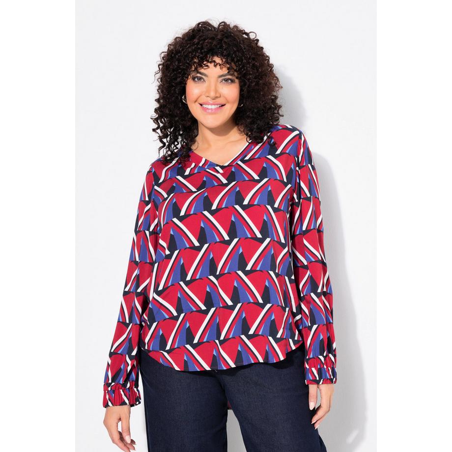 Ulla Popken Bluse Grafischer Druck V-Ausschnitt Langarm  