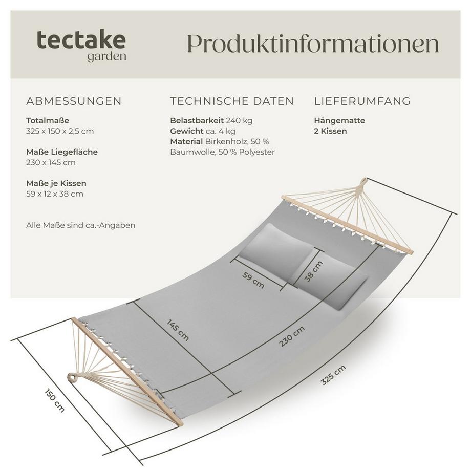 Tectake Hängematte Eden mit Spreitzstäben, für 2 Personen strapazierfähiger Stoff  