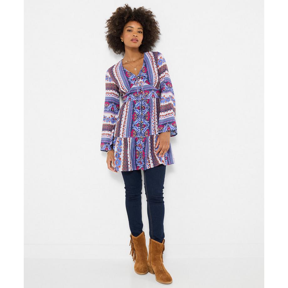 Bedrucktes Tunika-Kleid mit ausgestellten Ärmeln im Boho-Stil