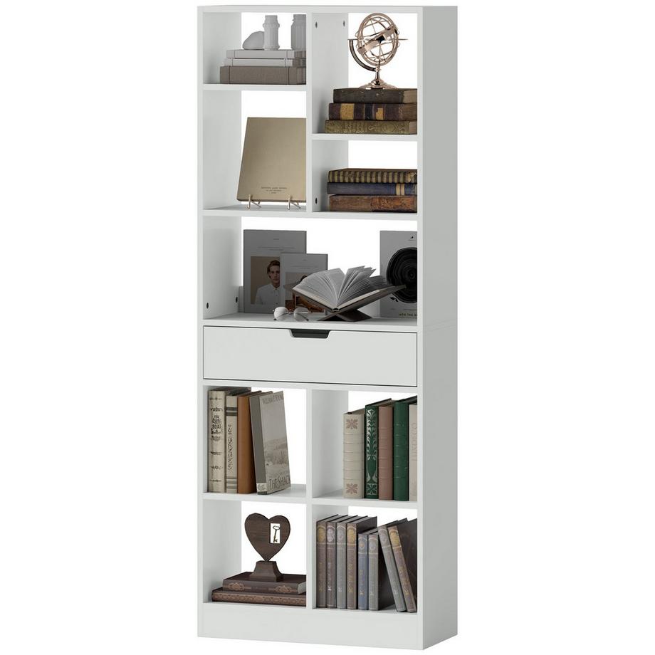 Northio Bücherregal Standregal mit 9 Regalen, 1 Schublade, Aufbewahrungsregal mit Anti-Kippsicherung, Büroregal für Wohnzimmer, Büro, 60 x 26 x 158 cm, Weiß  