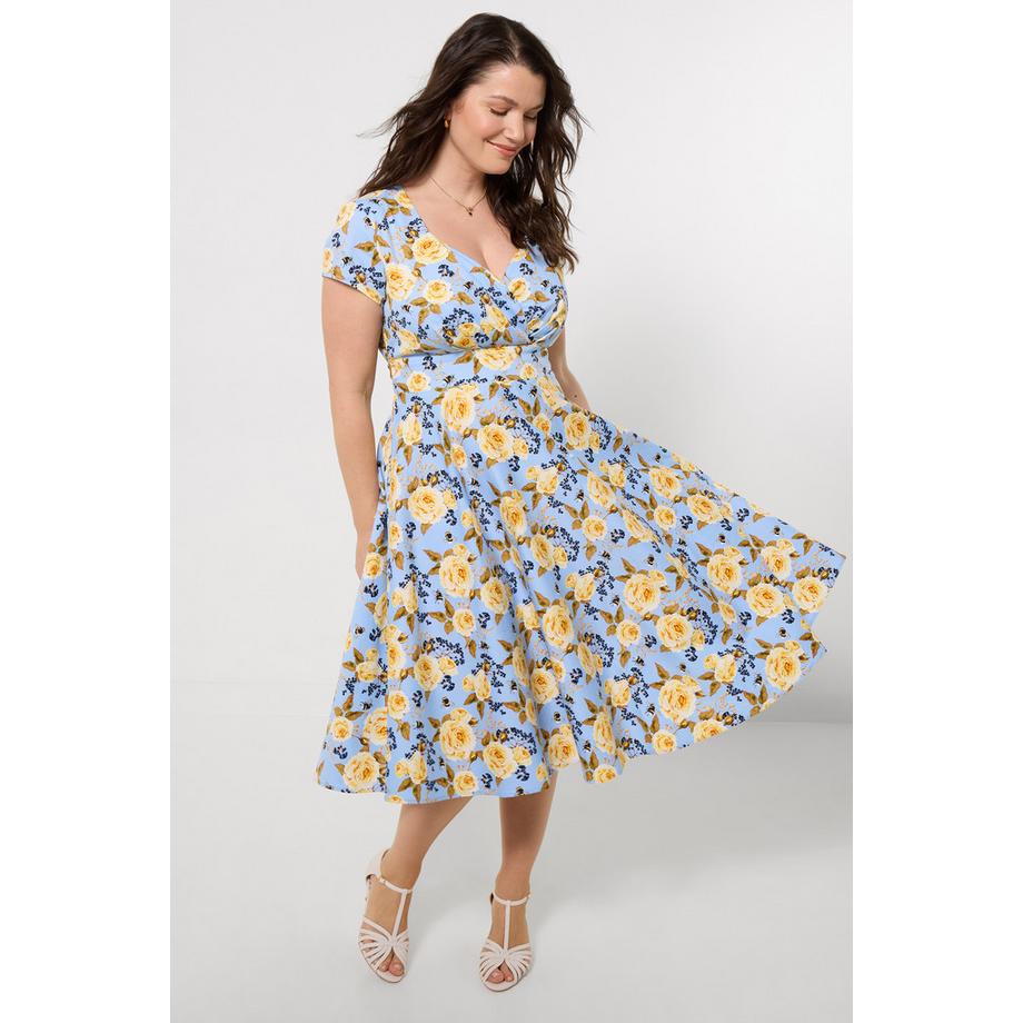 Joe Browns Robe en Coton Satiné Imprimé avec Encolure Cœur et Ceinture  