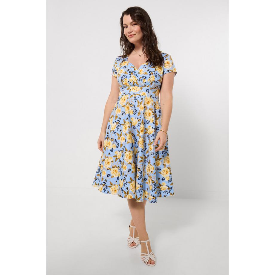 Robe en Coton Satiné Imprimé avec Encolure Cœur et Ceinture
