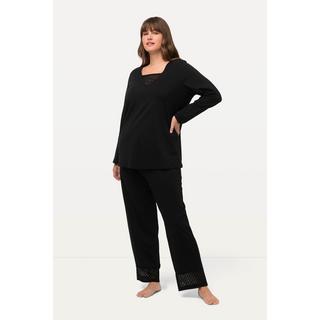 Ulla Popken  Pyjama à manches longues et col en V, empiècement en velours/mesh 