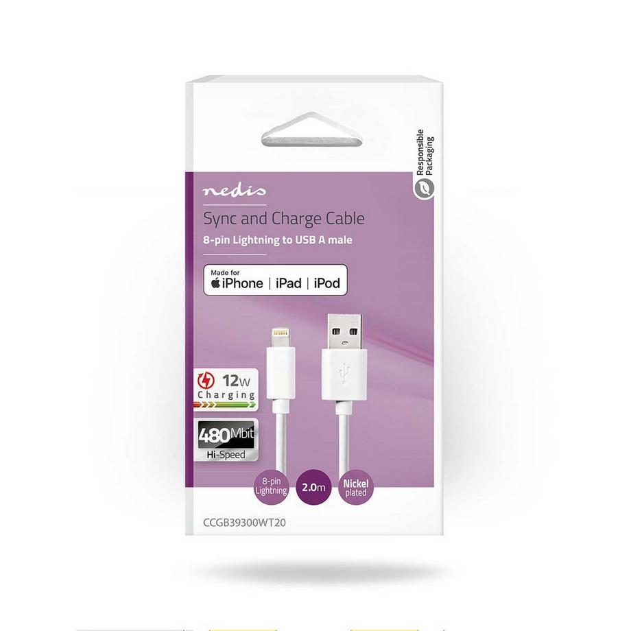 Nedis  Cavo Lightning | USB 2.0 | Apple Lightning, 8-pin | USB-A Maschio | 480 Mbps | Nichelato | 2,00 m | Rotondo | PVC | Bianco | Scatola 