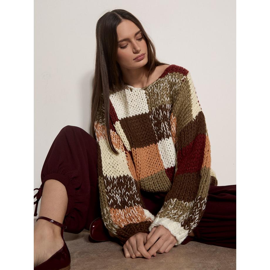 Pull patchwork épais crocheté à la main