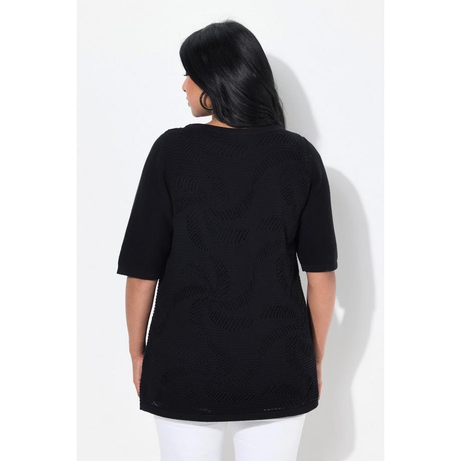 Ulla Popken Maglione Fiori Scollo a Barca Mezze Maniche  