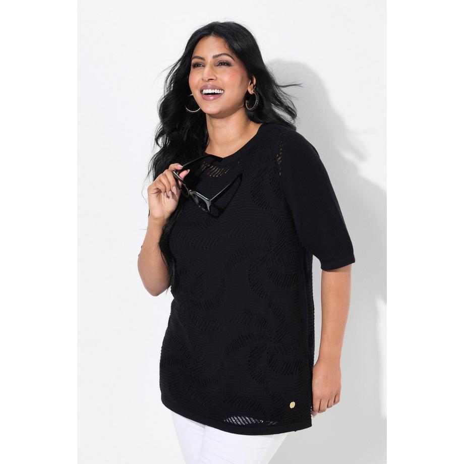 Ulla Popken Maglione Fiori Scollo a Barca Mezze Maniche  